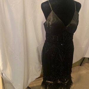 Sue Wong black beaded dress with feather bottom